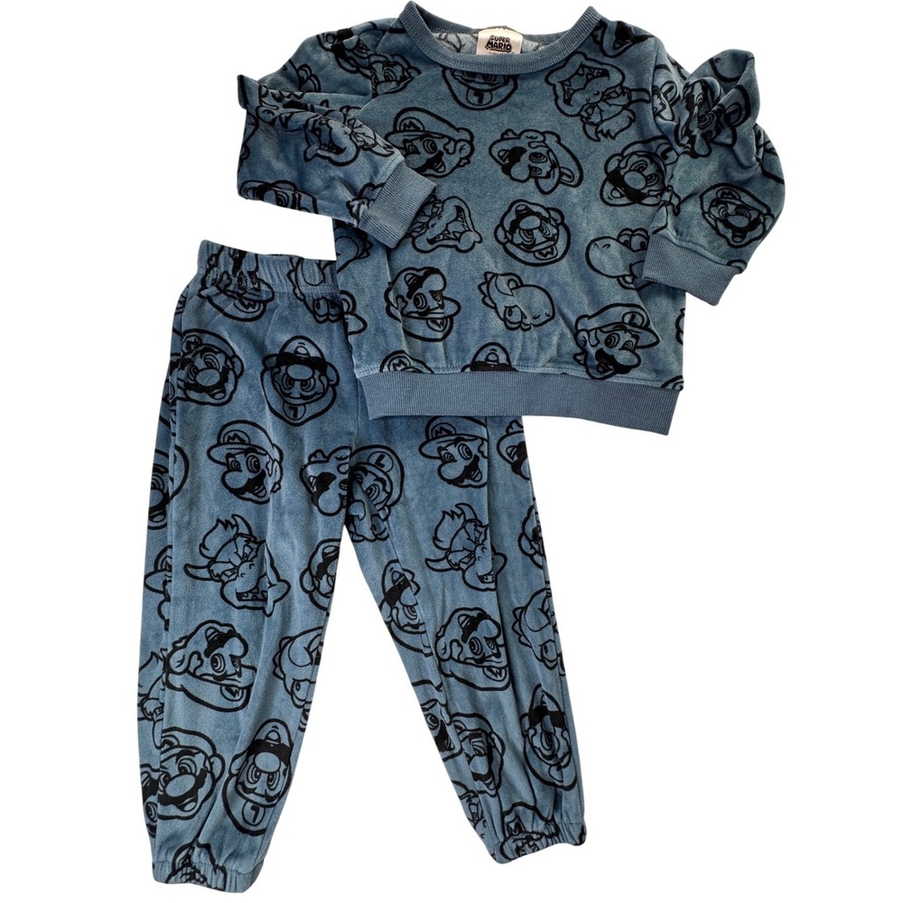 Super Mario Nintendo Toddler Boys Blue Plush Pajama Set 2T Mario Luigi Bowser